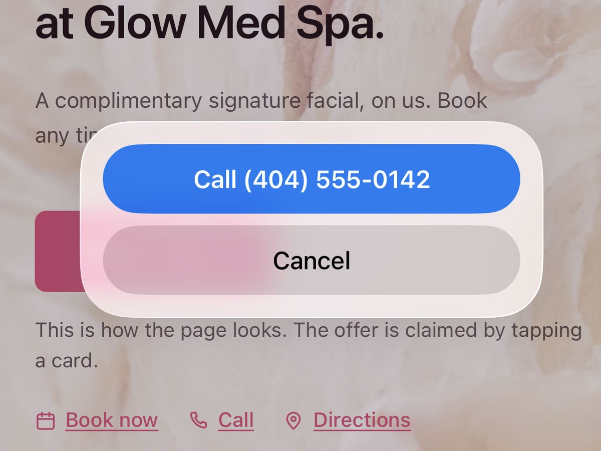 An iPhone call sheet over the offer page, offering to call the spa on its own number.