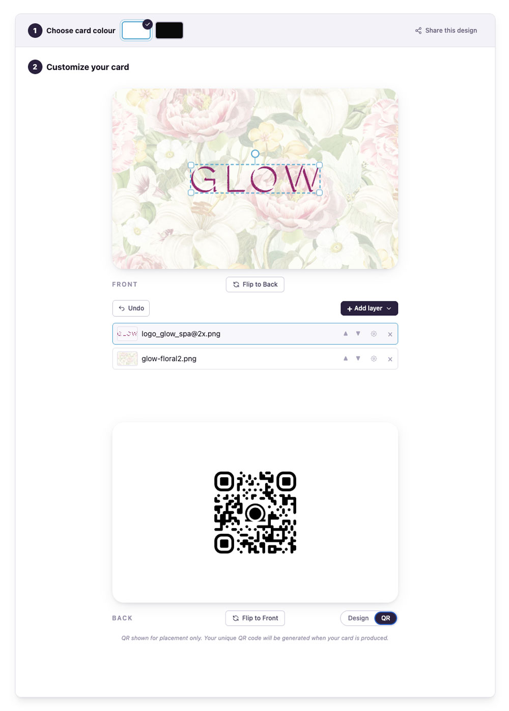 The card designer: a Glow Med Spa card front with a floral background and its logo layer selected, and below it the back of the card showing an optional QR code.