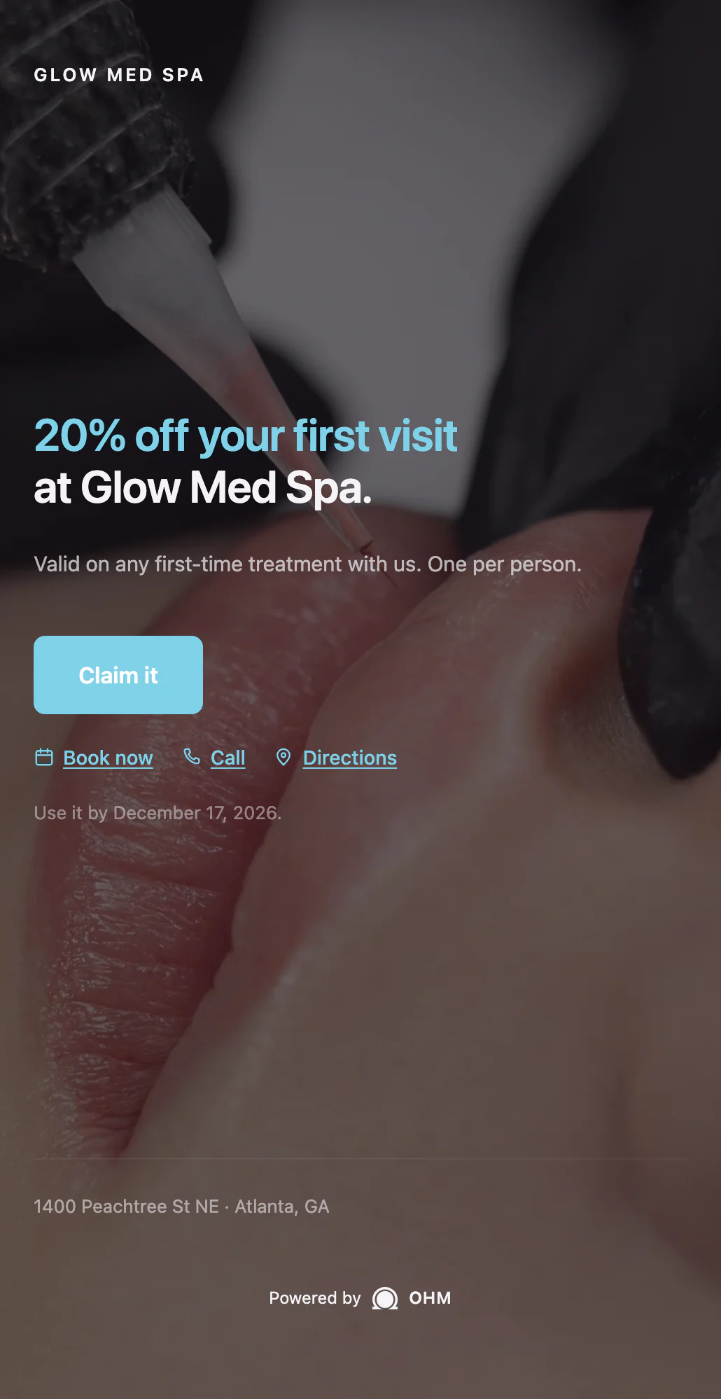 The offer page a tap lands on: 20% off your first visit at Glow Med Spa, with Claim it, Book now, Call and Directions.
