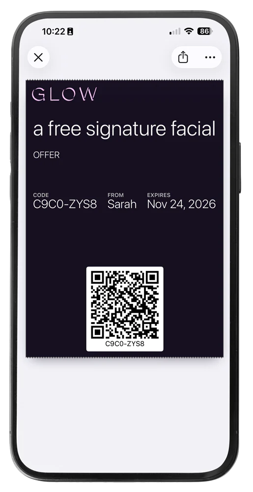 The offer saved as a pass in Apple Wallet, showing the code and expiry.