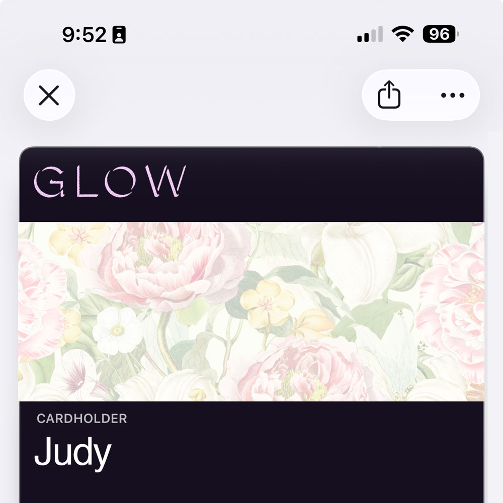 An Apple Wallet pass for Glow Med Spa, labelled CARDHOLDER with the name Judy.